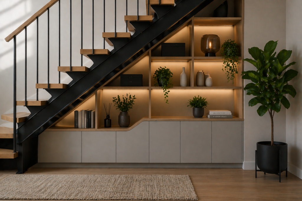 oppbevaring under trapp med åpent trinn