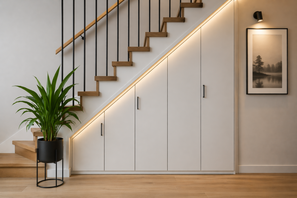 oppbevaring under trapp med led lys